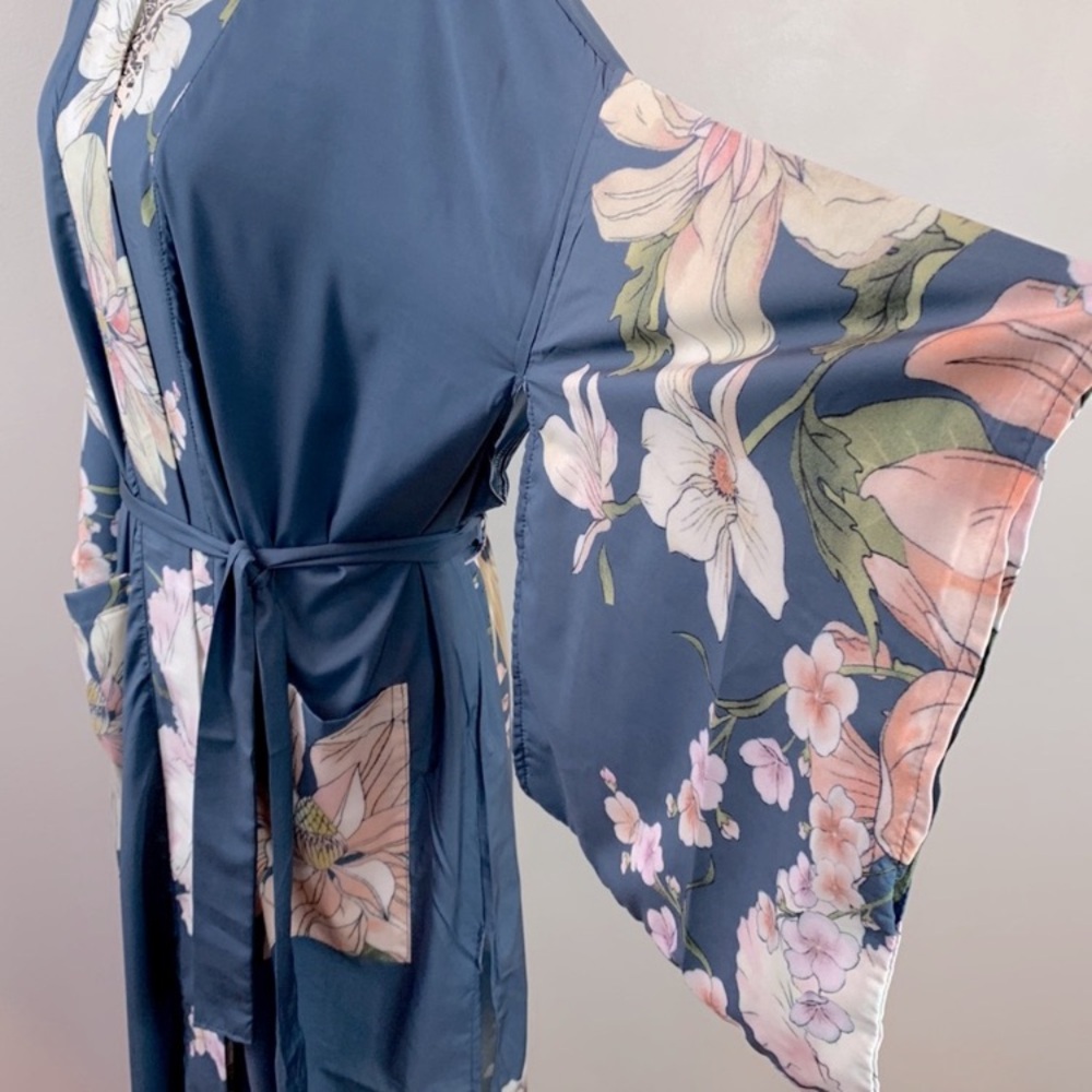 Bohemian Long Blue Floral Peacock Kimono Duster Robe - Picture 7 of 12